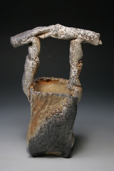 Torii Handled Basket, Vase, Fired in Sasayama Japan with Red Pine, in Firebox