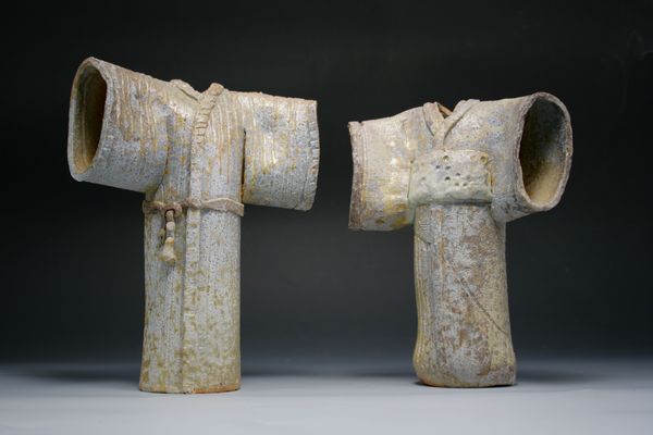 Kimono Couple, custom clay, anagama fired, with glaze accents.  SOLD