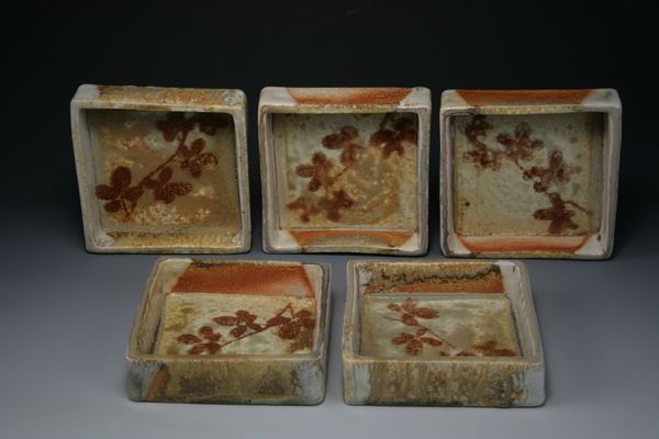 Square Mukozuke with Shino glaze and overglaze enamels