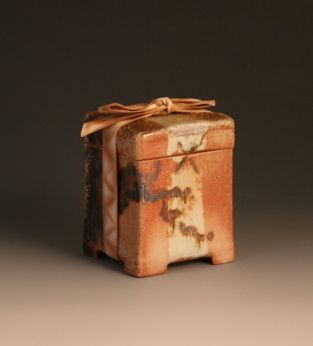 Covered box w/Shino and shibori dyed ribbon