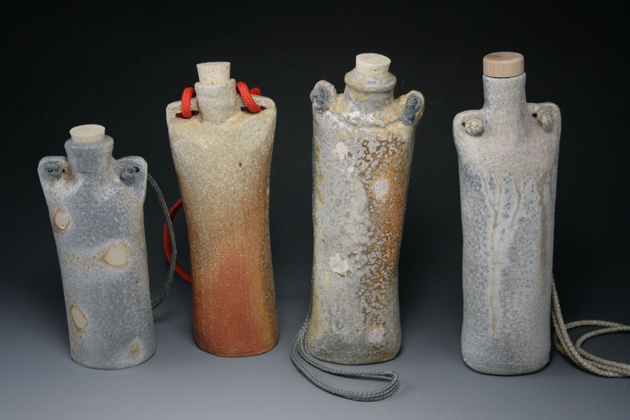 Flasks/ "picnic tokkuri" with stoppers and cords, OkiDoki kiln