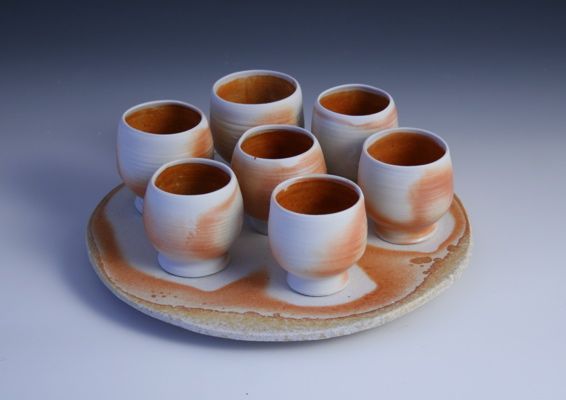 Porcelain sake and tray, Moore kiln, Sold