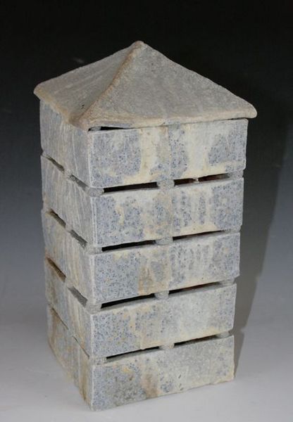 Staked Boxes, not yet freed from wadding, near firebox, Peltzbod clay, Susan Kotulak Fall 2013 firing, 10x5x5"