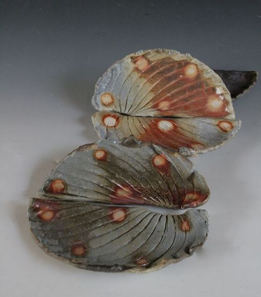 Leaf plates, fired stacked together, rear pair made of Peltzbod clay, Front pair, Sheffield 20231 Fall 2013