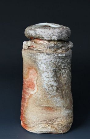 "Wabi Hanaire" Anagama-fired custom clay body, with Japanese Shiga Feldspar.  Fired in the firebox; with intense smoking, flashing and ash deposits on Iga-form vase.