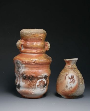 Anagama fired Hanaire and Sake Tokkuri/Vase with Overglaze Enamel